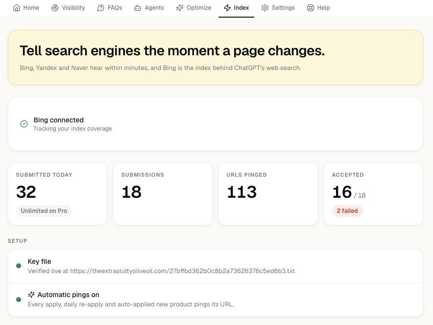 IndexNow screen showing submissions, URLs pinged, acceptance rate, a verified key file and automatic pings enabled